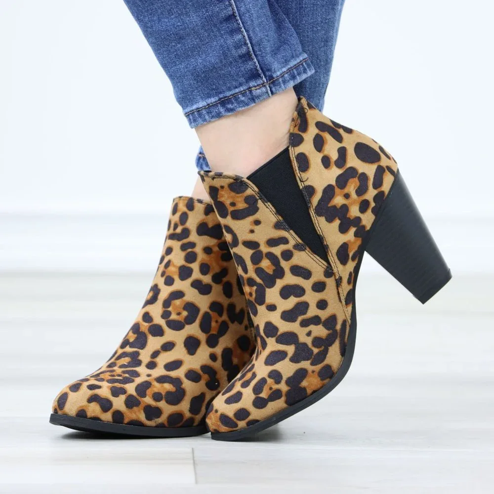 Chelsea Cone High Heel Ankle Boots Leopard Synthetic Suede Pointed Toe - Picture 7 of 11